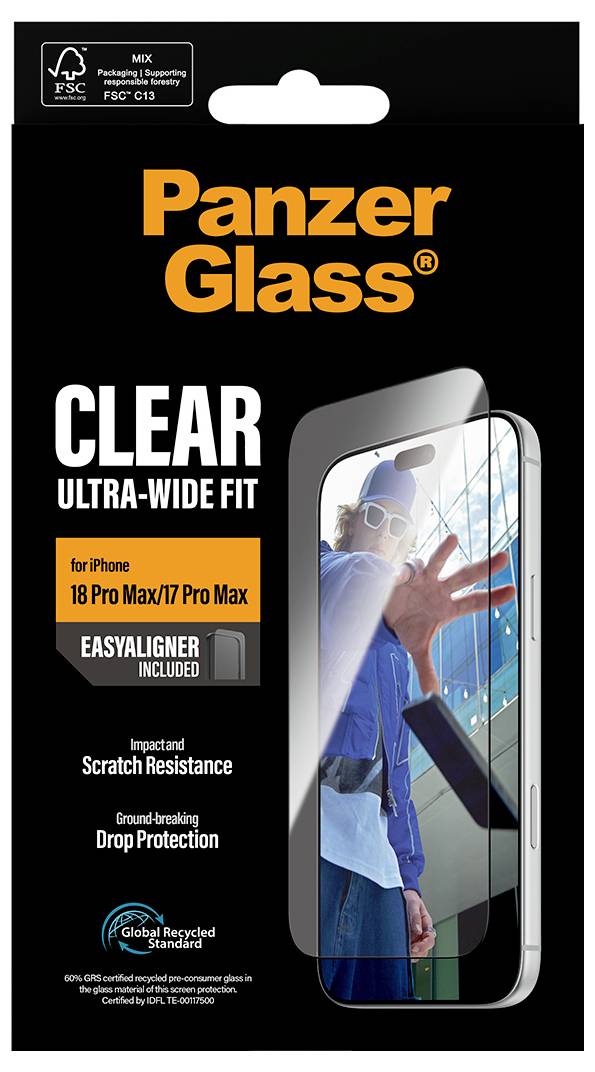 Pellicola protettiva trasparente PanzerGlass per iPhone 18 Pro Max/17 Pro Max, adattamento ultra-ampio, con proprietà di protezione da impatti, resistenza ai graffi e protezione da cadute.