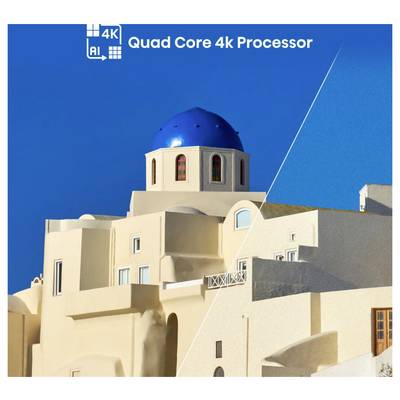 Edifici delle isole greche bianche con una cupola blu sotto un cielo limpido; il testo sovrapposto recita "4K AI Quad Core 4k Processor".