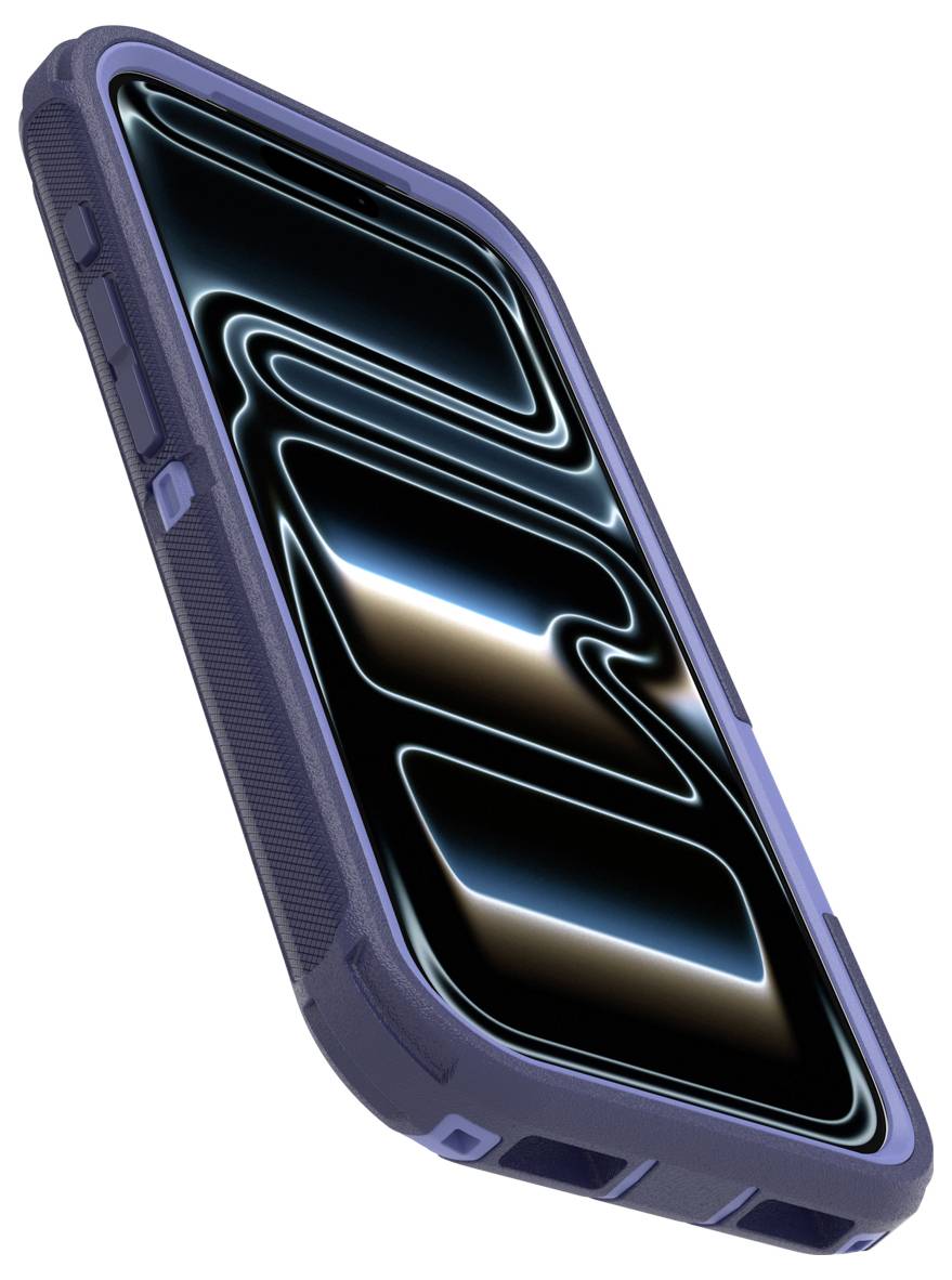 Custodia robusta per smartphone blu mostrata da un'angolazione, con bordi protettivi rialzati e lati strutturati che circondano il display del telefono.
