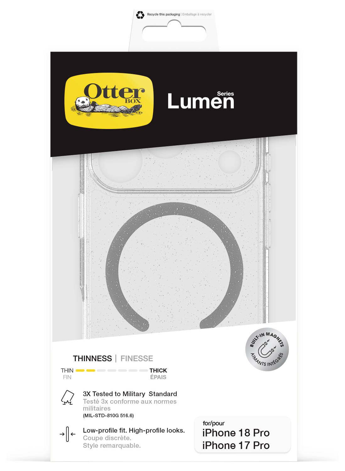 Confezione OtterBox Lumen per iPhone 18 Pro e iPhone 17 Pro, che mostra una custodia protettiva trasparente e dichiara protezione sottile con standard militare.