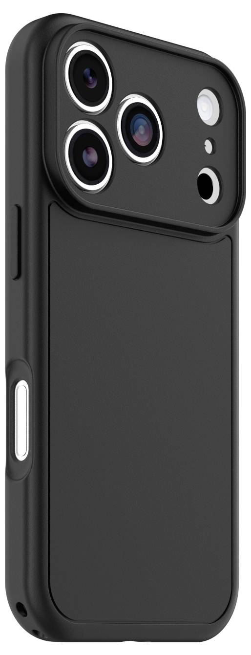 Custodia protettiva per smartphone nera con ampio ritaglio per fotocamera e copertura dei pulsanti laterali, mostrata dal retro su sfondo bianco