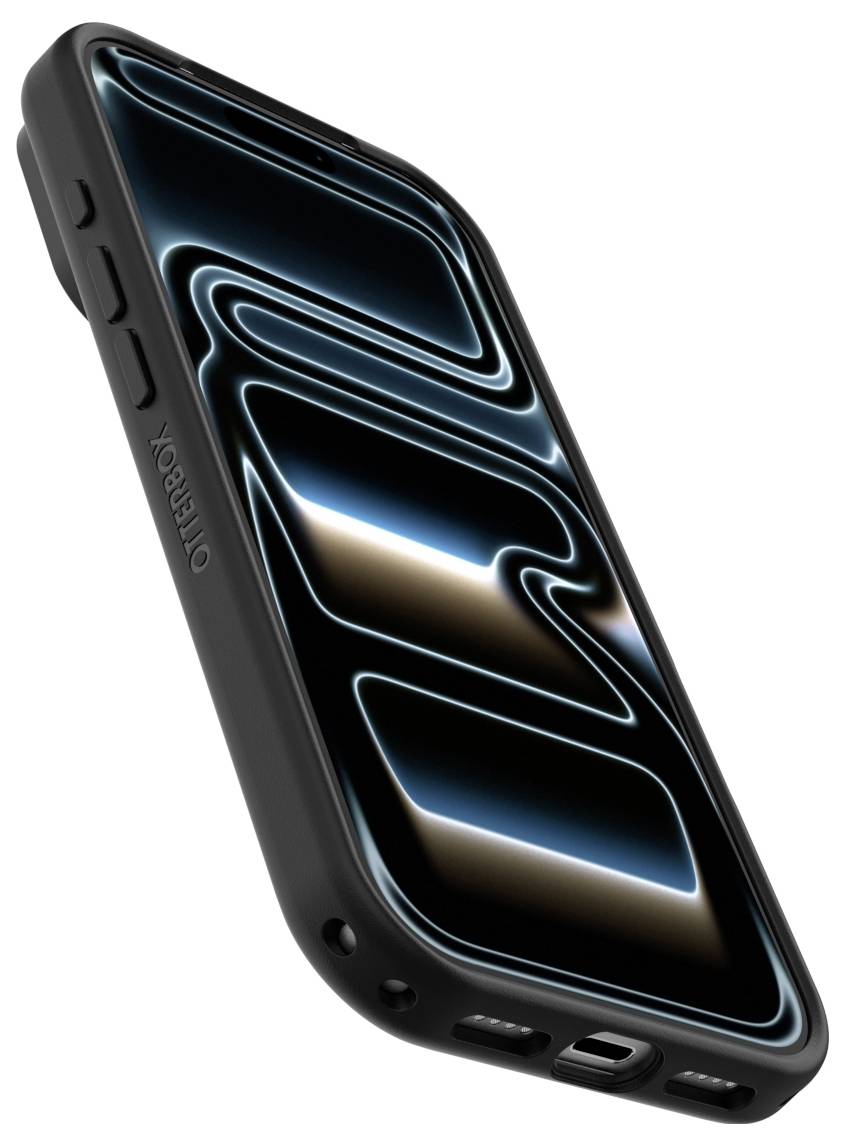 iPhone nero in stile Apple in custodia protettiva mostrato da un'angolazione, con un design dello schermo astratto che brilla di blu su sfondo bianco.