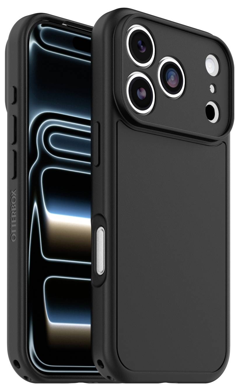 Custodia per telefono OtterBox nera mostrata da fronte e retro, con protezione rialzata della fotocamera e copertura laterale del pulsante.
