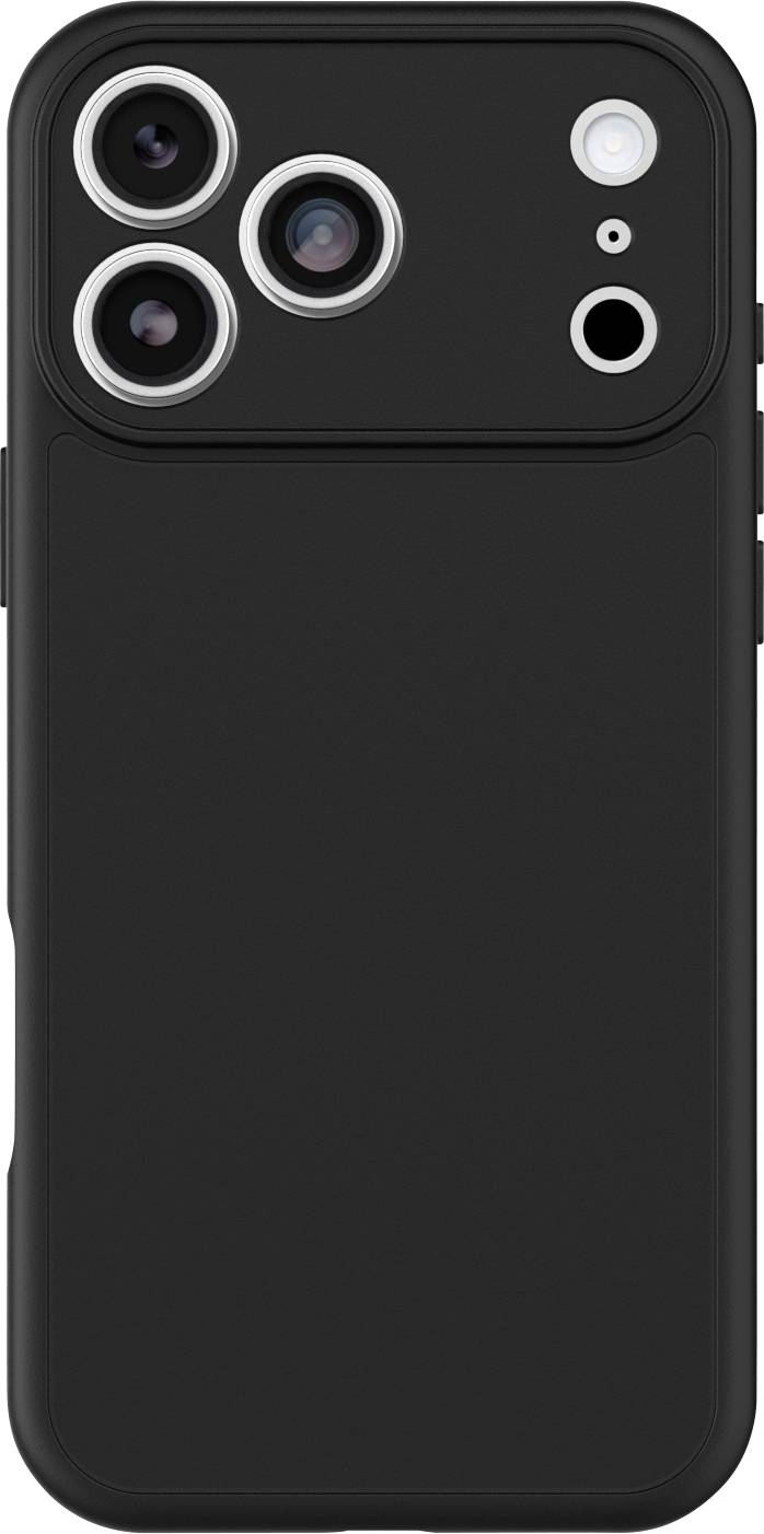 Retro di uno smartphone nero con tripla fotocamera posteriore e flash, che mostra una custodia protettiva trasparente.