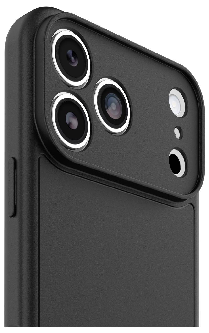 Primo piano del modulo fotocamera posteriore di uno smartphone nero con tre obiettivi grandi e due sensori più piccoli su un dorso opaco.