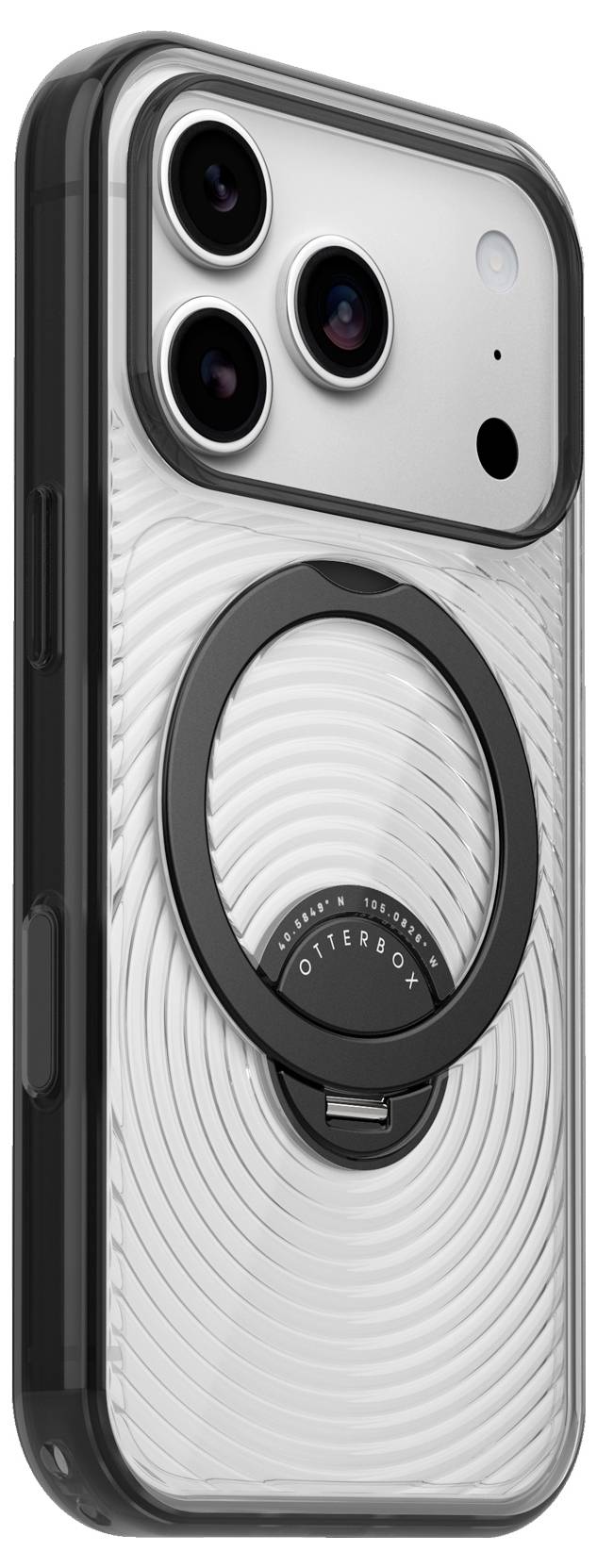 Primo piano di una custodia per smartphone con anello magnetico circolare integrato e tre ritagli per le fotocamere posteriori, mostrato in argento e nero.