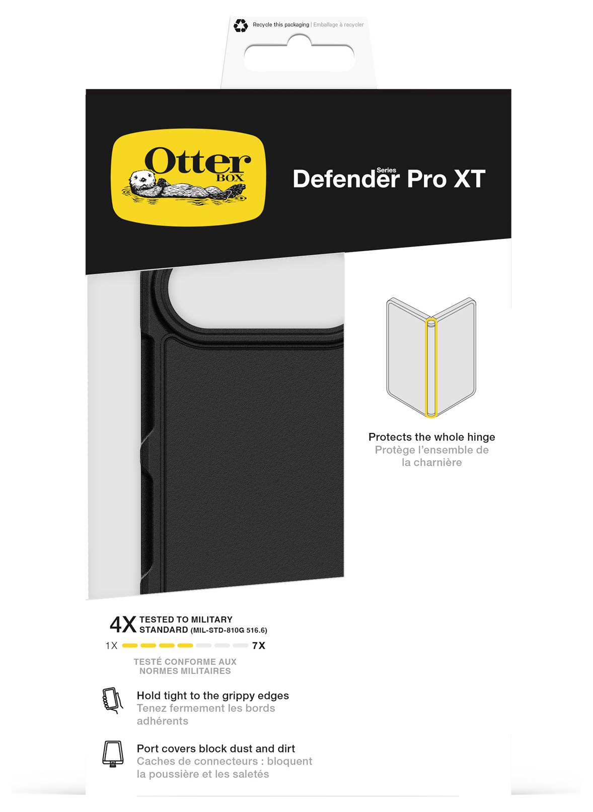 Custodia per telefono OtterBox Defender Pro XT con confezione che mostra la custodia nera, "Protegge la cerniera completa," e affermazioni di test di caduta 4X secondo gli standard militari.