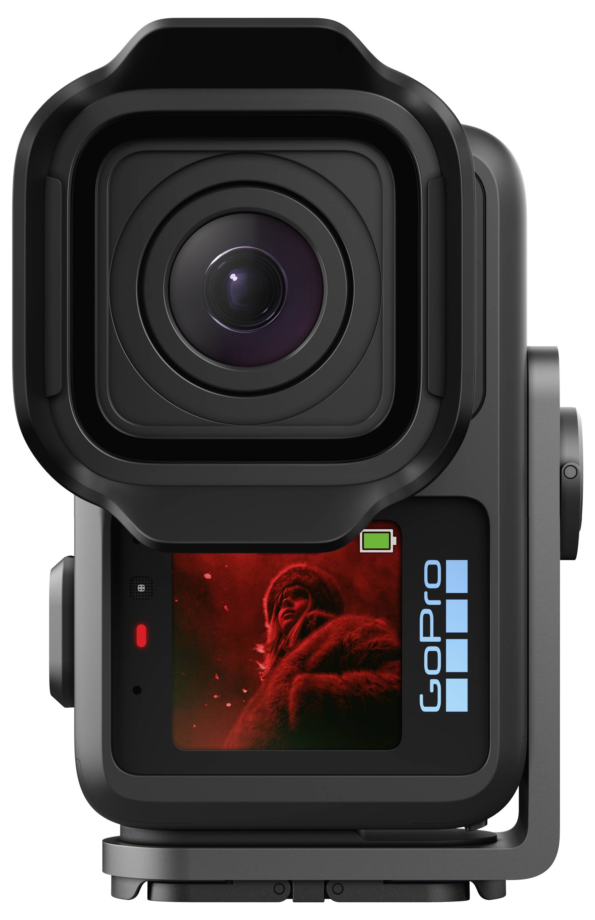 Fotocamera d'azione GoPro con lente anteriore e piccolo display di stato che mostra un'immagine rossa e il logo GoPro.