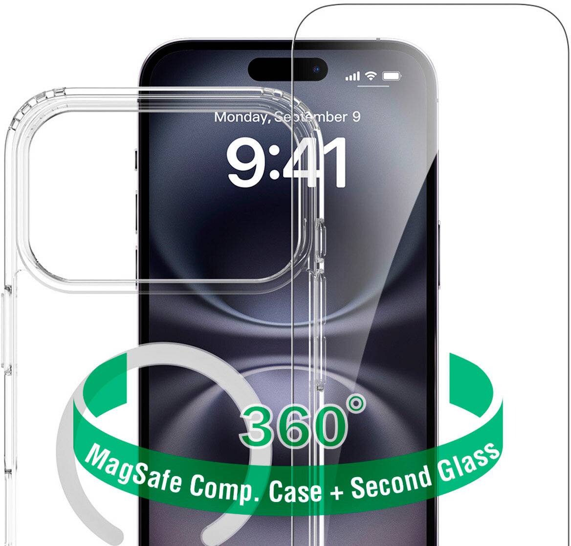 Immagine promozionale di una custodia iPhone 360 trasparente e di un proteggi schermo, mostrati davanti e dietro su un telefono con il testo "360" e "MagSafe Comp. Case + Second Glass".
