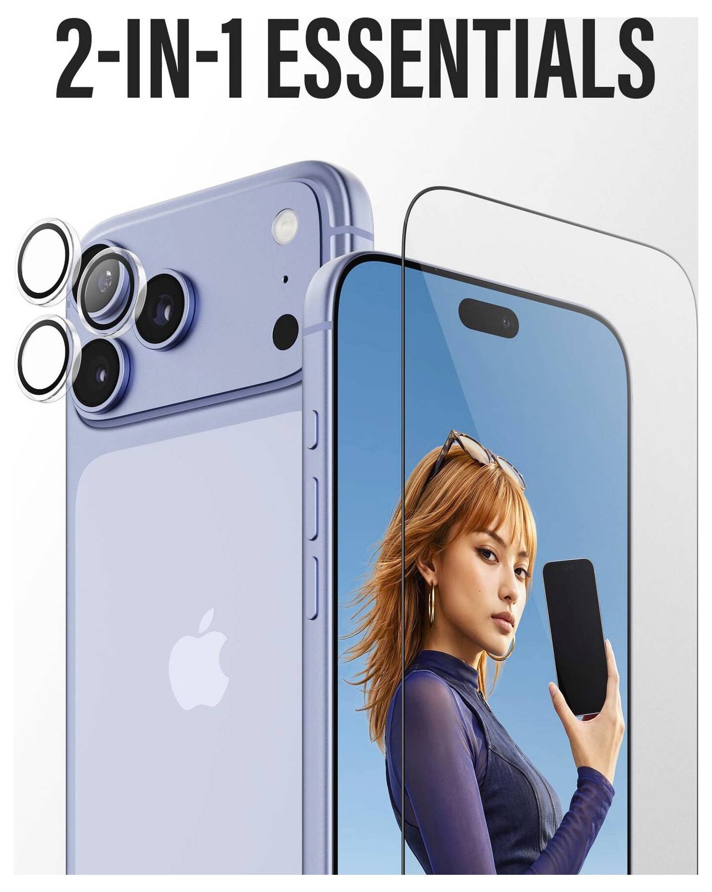 Pubblicità per il case iPhone '2-IN-1 ESSENTIALS' con allegati per obiettivo fotocamera integrati e una protezione dello schermo trasparente, mostrata su un telefono blu e una donna che tiene in mano un telefono.
