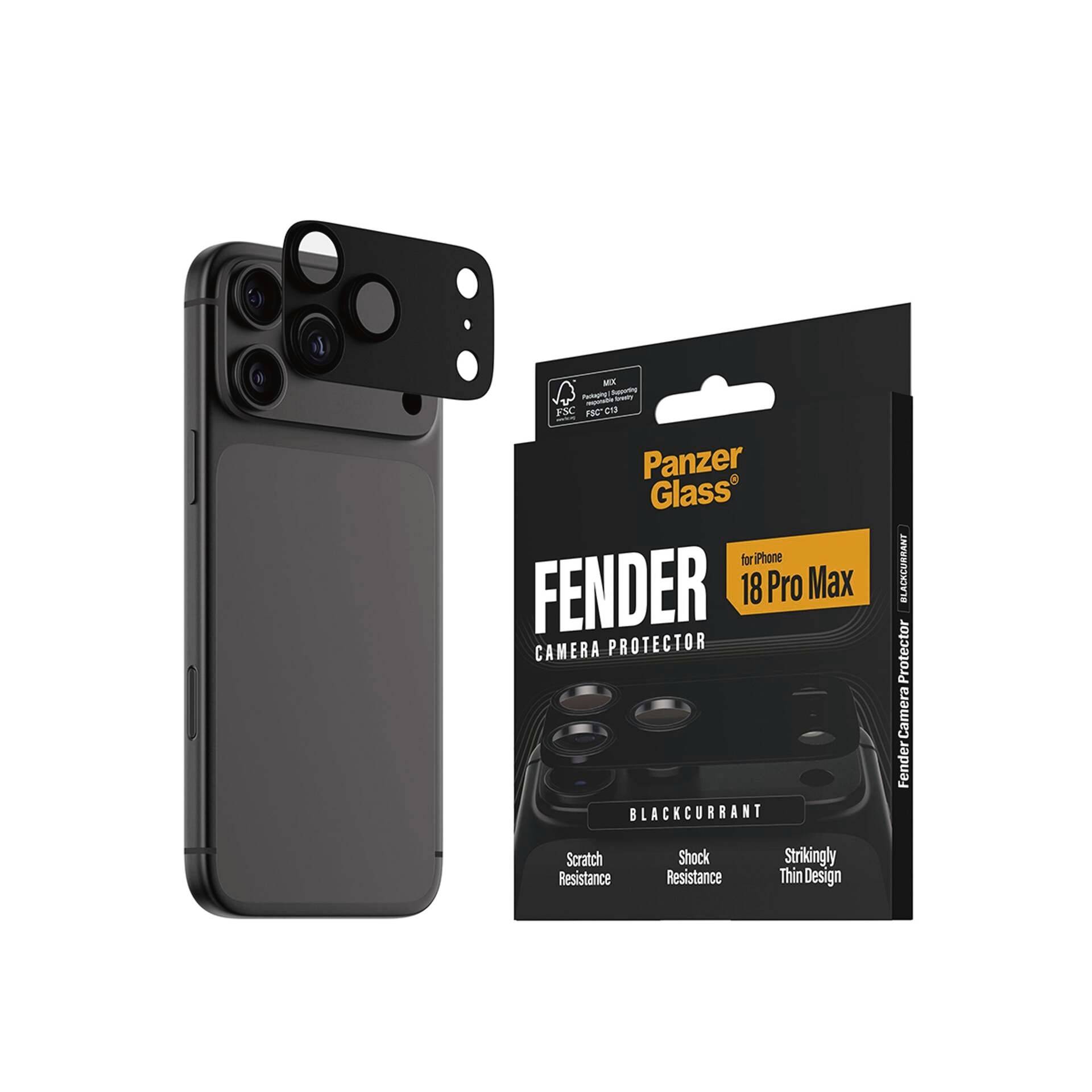 iPhone con un protettore fotocamera nero accanto alla confezione del protettore fotocamera PanzerGlass Fender per iPhone 18 Pro Max, colore ribes nero.