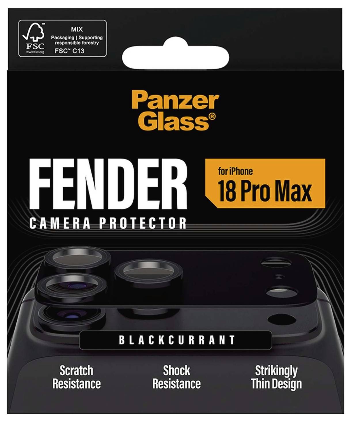 Protezione fotocamera PanzerGlass FENDER per iPhone 18 Pro Max in Blackcurrant, che evidenzia la resistenza ai graffi, la resistenza agli urti e il design sottile.