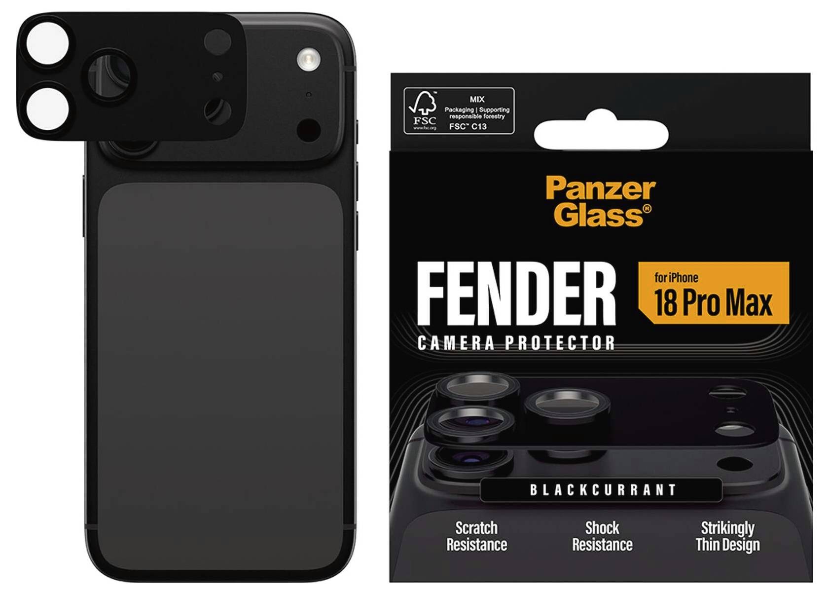 Protettore fotocamera PanzerGlass Fender per iPhone 18 Pro Max, mostrato nella confezione di colore ribes nero accanto al copriobiettivo della fotocamera montato.