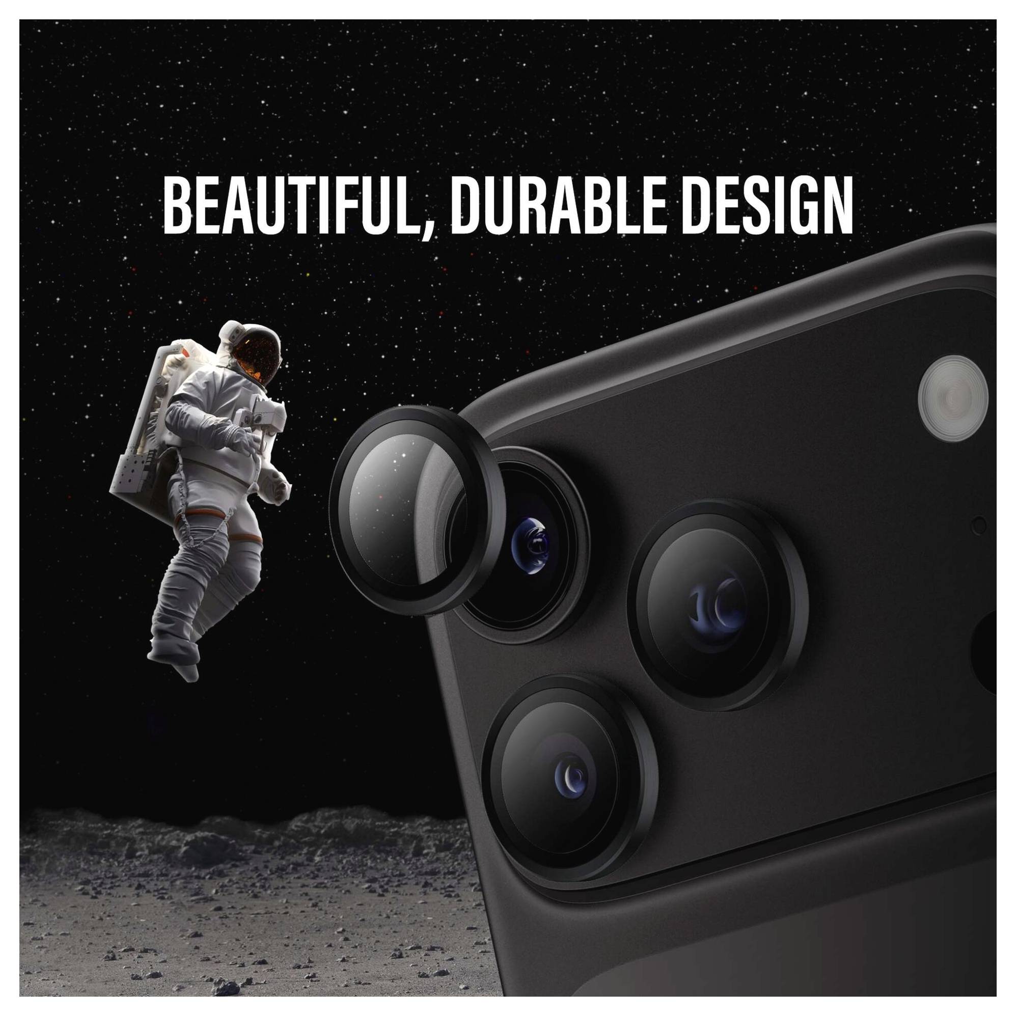 Annuncio pubblicitario per uno smartphone che mostra un primo piano del modulo triplo fotocamera posteriore e il flash accanto a un astronauta sulla superficie lunare, con il testo "DESIGN BELLISSIMO E RESISTENTE".