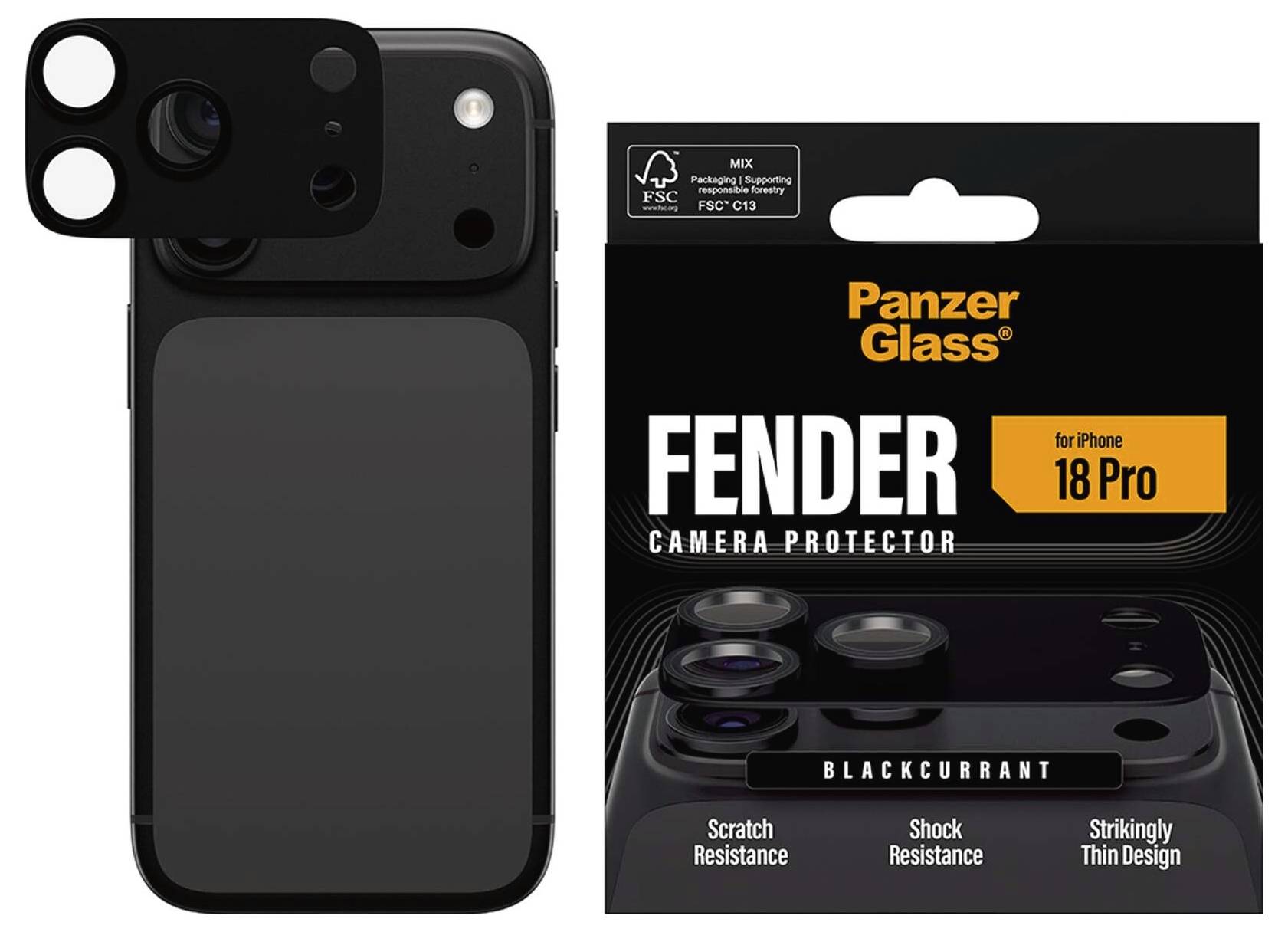 Protettore fotocamera PanzerGlass Fender per iPhone 18 Pro, ribes nero, mostrato con telefono e confezione del prodotto che evidenziano la resistenza ai graffi e agli urti.