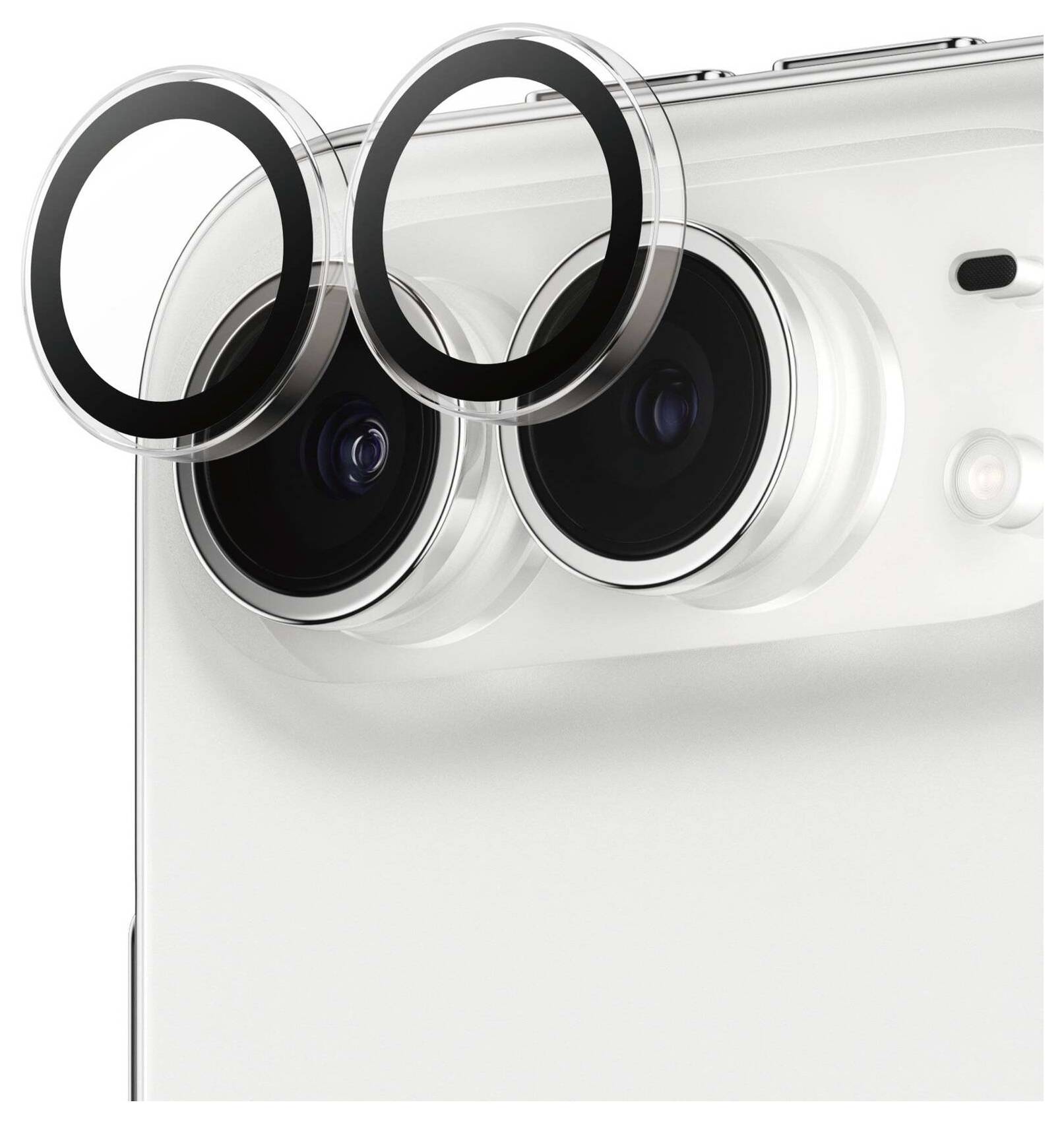 Primo piano delle due fotocamere posteriori di uno smartphone bianco con due anelli di lenti circolari neri, che evidenziano l'hardware della fotocamera.
