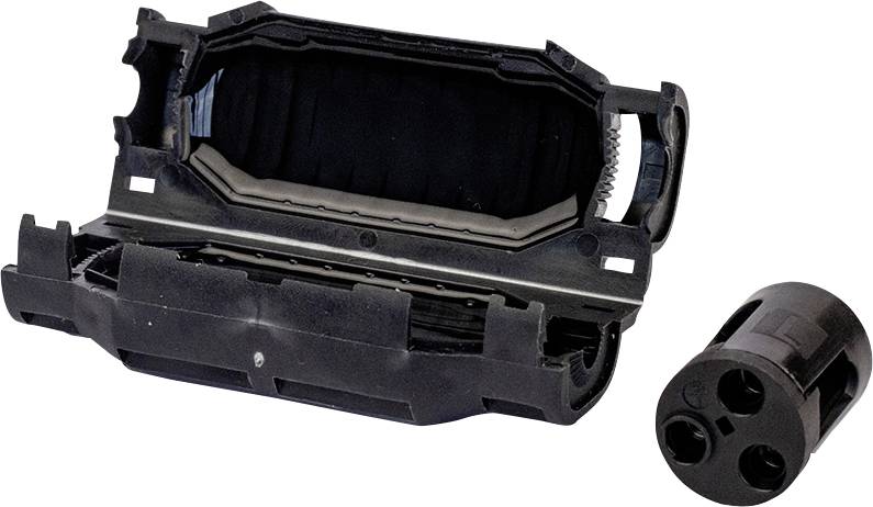 Componente meccanico in plastica nera con connettore cilindrico mostrato accanto su sfondo bianco.