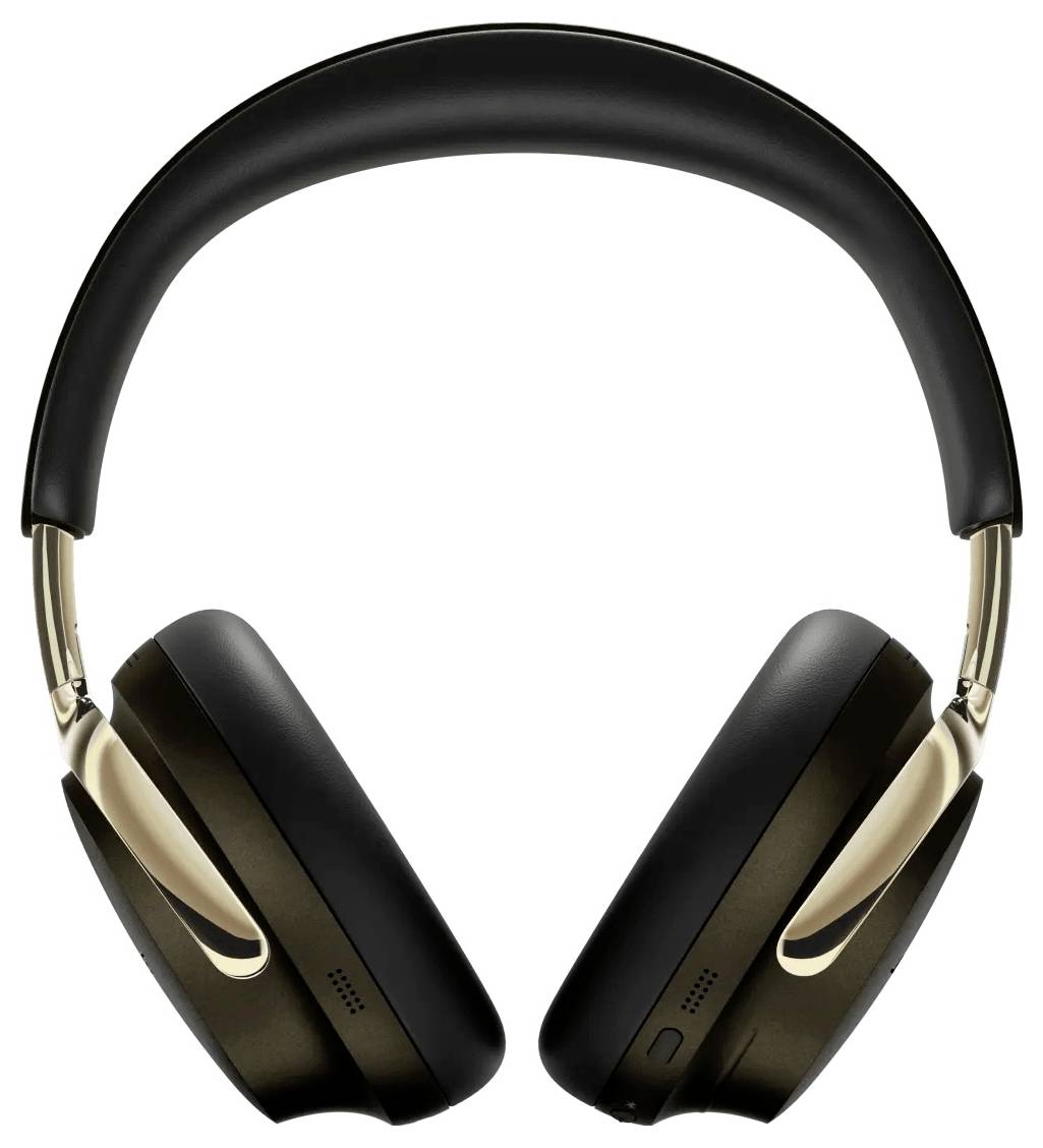 Cuffie wireless over-ear con finitura nera e oro, mostrate in vista frontale su sfondo bianco.