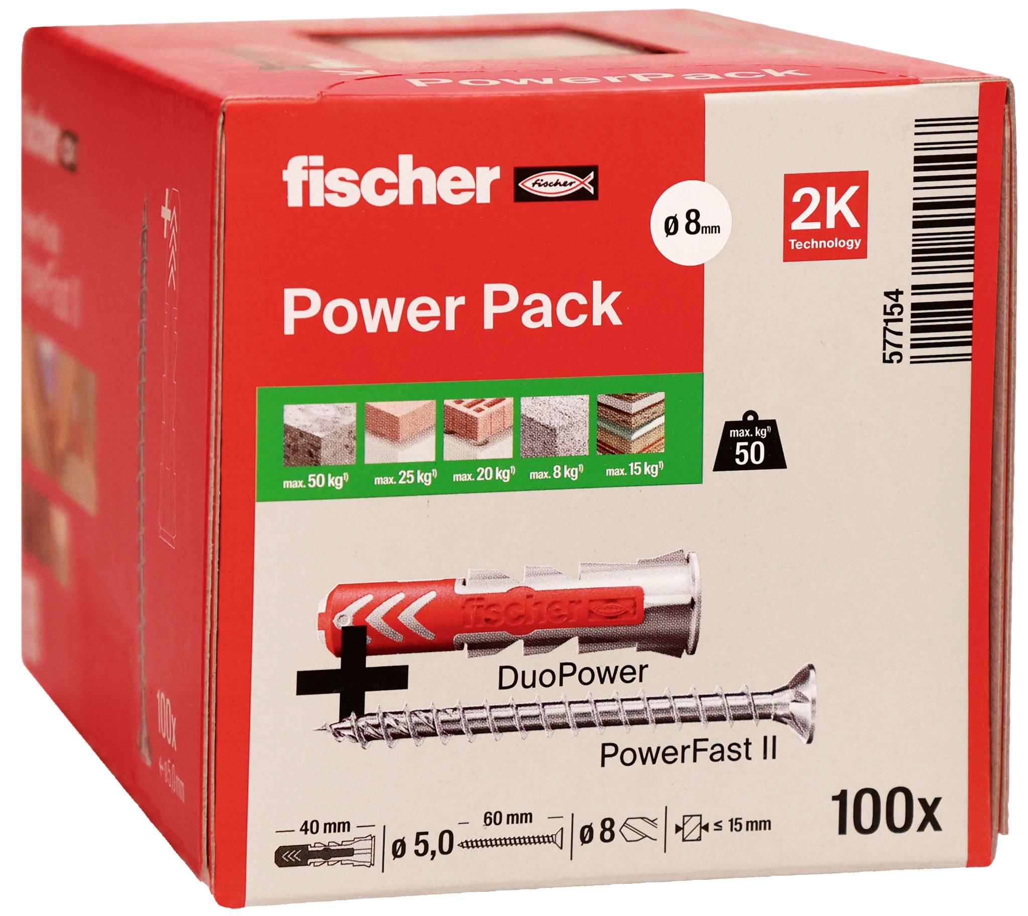 Scatola Red Fischer Power Pack per tasselli e viti da muro, etichettata 'fischer', 'DuoPower', 'PowerFast II', '100x' e '2K Technology'.