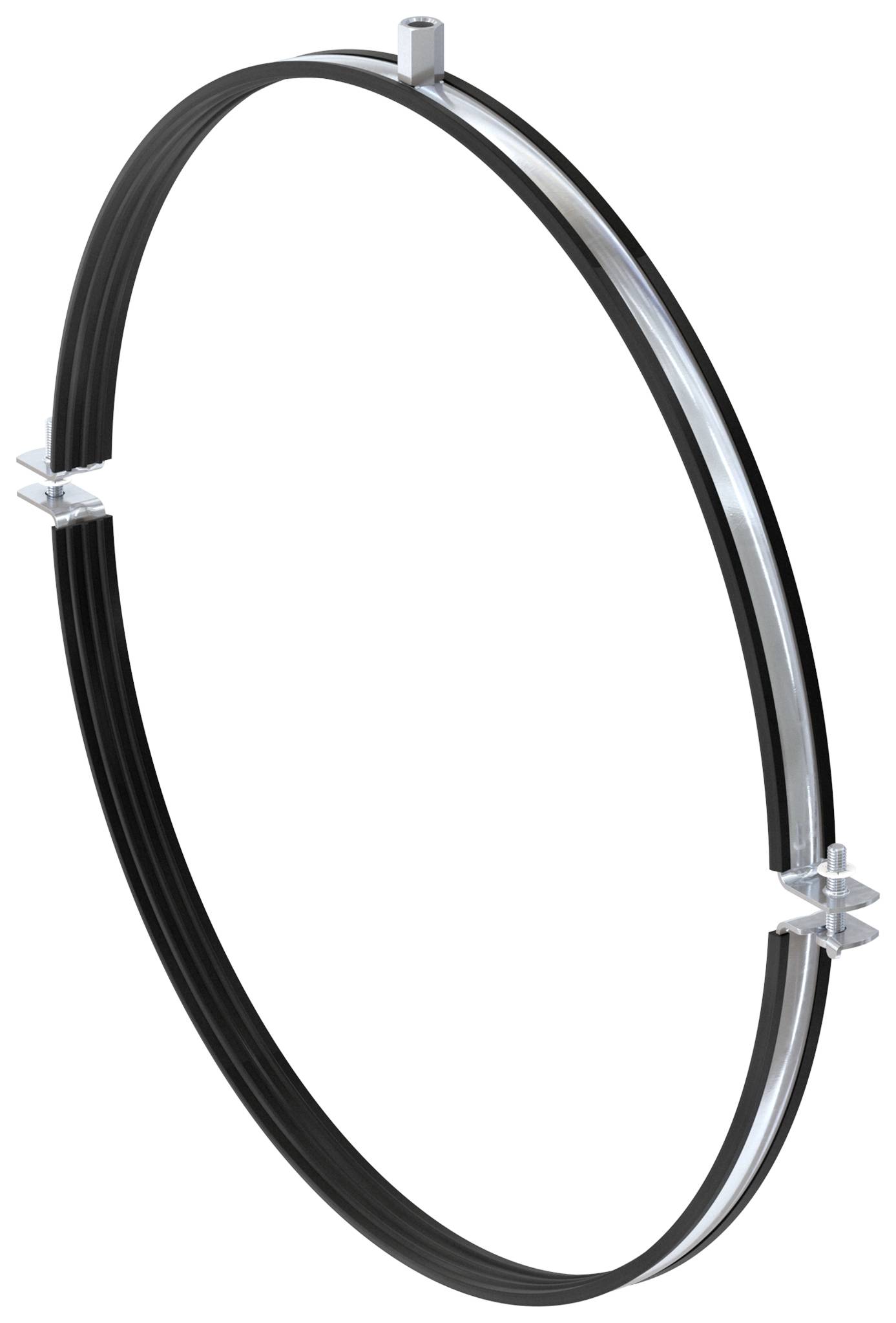 Fascetta per tubo in metallo con rivestimento in gomma nera e fermagli in argento, mostrata isolata su sfondo bianco.