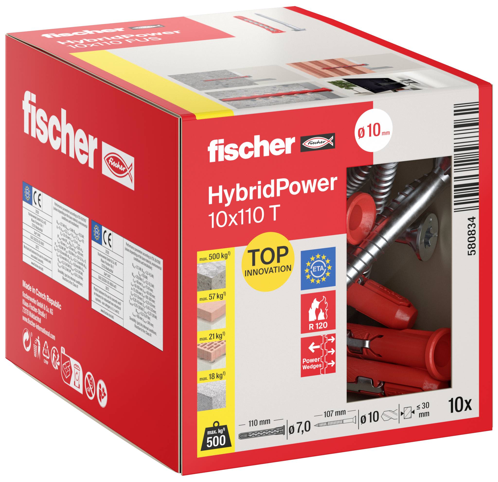 Imballaggio Red Fischer per i tasselli murali 'fischer HybridPower 10x110 T', che mostra una foto del prodotto e le specifiche di carico/dimensione sulla scatola.