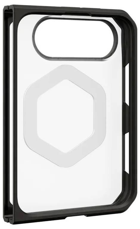 Custodia per telefono robusta nera con un grande foro per la fotocamera posteriore e un logo esagonale grigio centrato sul retro.