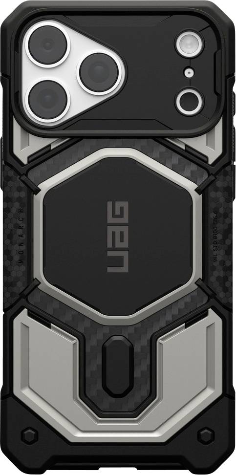 Custodia telefonica nera e robusta con logo UAG esagonale, angoli rinforzati e protezione della fotocamera rialzata per uno smartphone con tripla fotocamera.