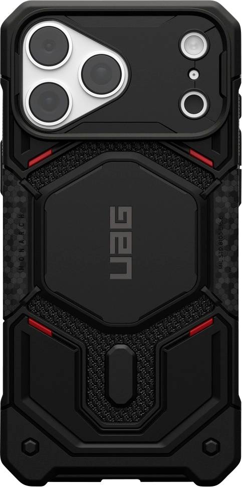 Custodia per telefono UAG nera e resistente con retro a texture esagonale, accenti rossi e protezione rinforzata e sollevata della fotocamera per un iPhone con tripla fotocamera.