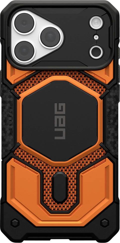 Custodia per telefono resistente nera e arancione con logo UAG esagonale e ampio ritaglio per fotocamera per iPhone con triplo obiettivo.