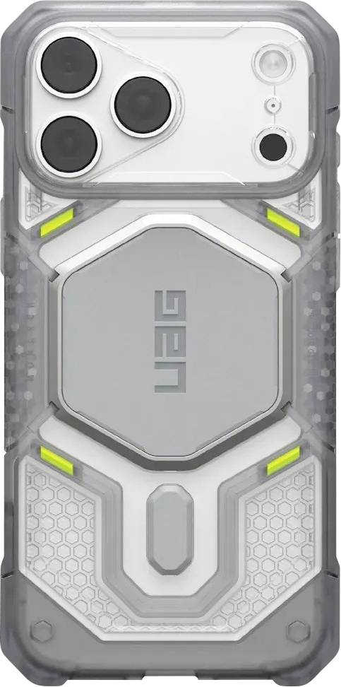 Custodia protettiva trasparente per smartphone con retro metallico esagonale, accenti giallo neon e ritagli rialzati per fotocamera tripla.