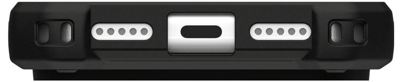Pannello frontale del dispositivo nero con pulsante centrale argentato, due serie di quattro spie indicatrici bianche e controlli laterali scuri.