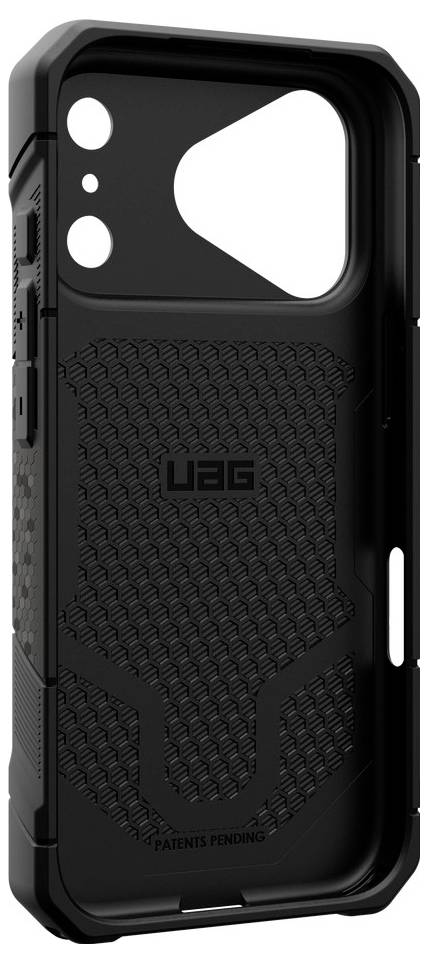 Custodia protettiva per smartphone UAG nera mostrata in vista frontale, con ampio ritaglio per la fotocamera e motivo di presa strutturato.