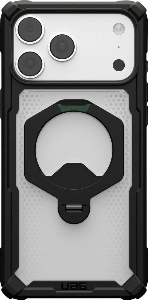 Custodia per telefono nera e grigia robusta con anello supporto integrato e angoli rinforzati, mostrata su un iPhone con tre fotocamere posteriori.