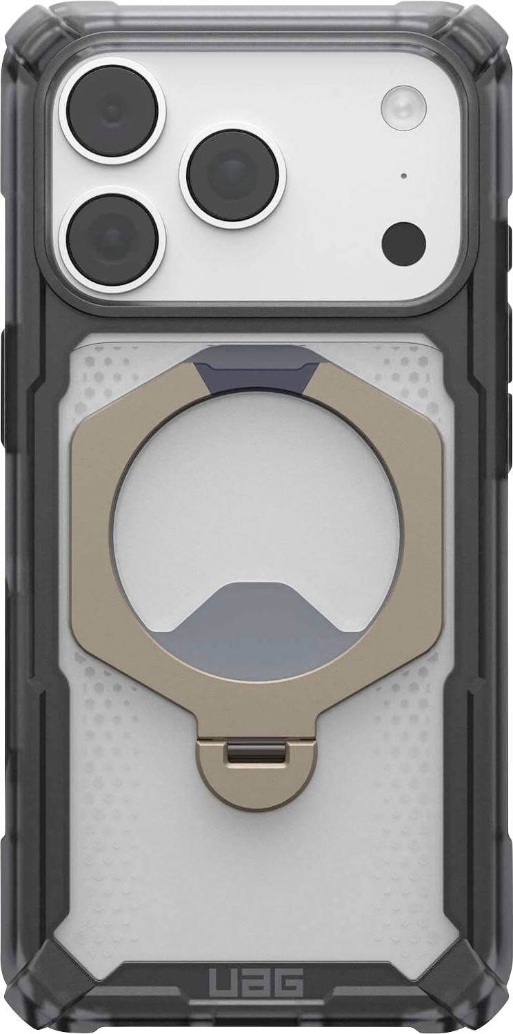 Retro di un iPhone in una custodia robusta UAG con un supporto ad anello pieghevole integrato centrato sul pannello posteriore.