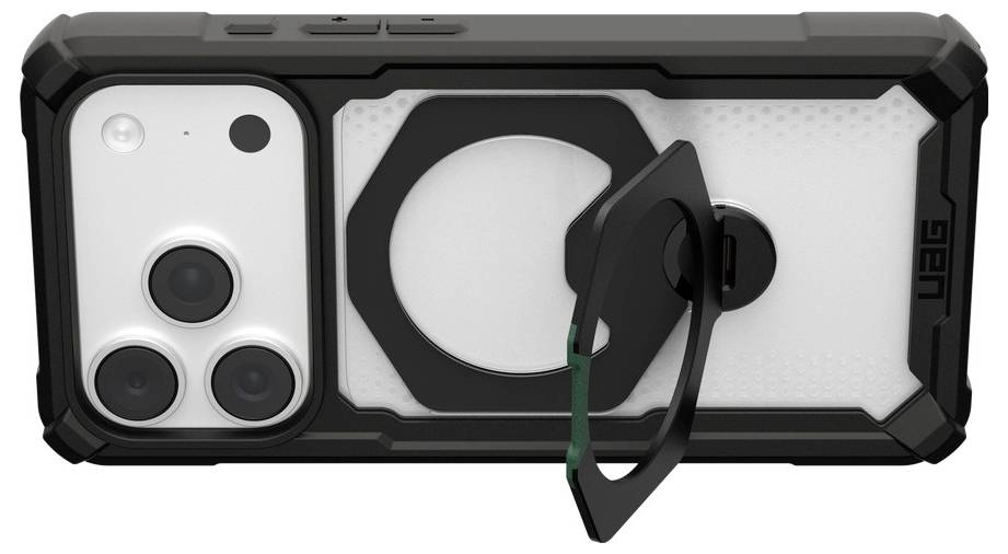Una custodia nera robusta con un supporto ad anello circolare integrato, mostrata sul retro di uno smartphone con tripla fotocamera posteriore.