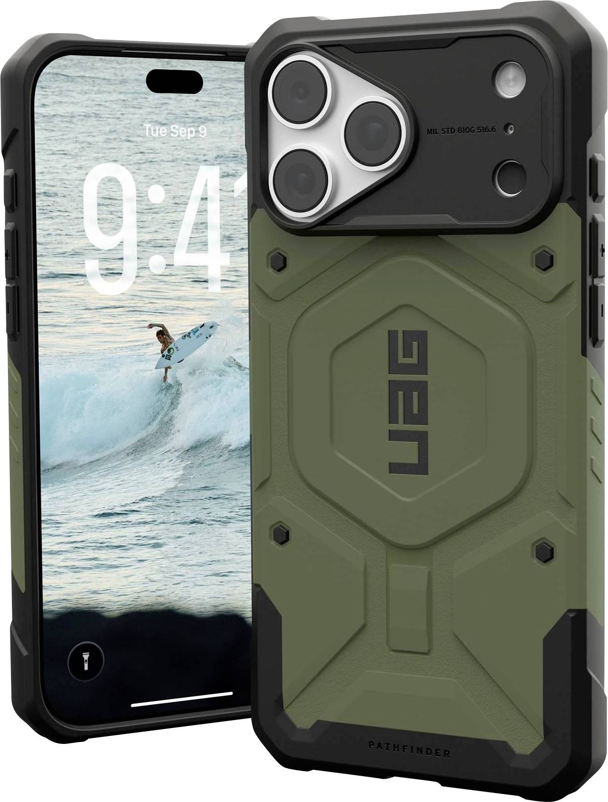 Custodia UAG 'Pathfinder' verde robusta mostrata anteriormente e posteriormente su un iPhone, con protezione della fotocamera rialzata e schermata di blocco che visualizza un surfista su un'onda.