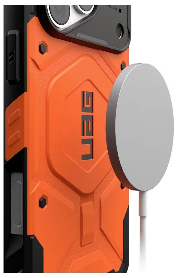 Custodia robusta per smartphone arancione con accessorio magnetico rotondo argentato attaccato al retro