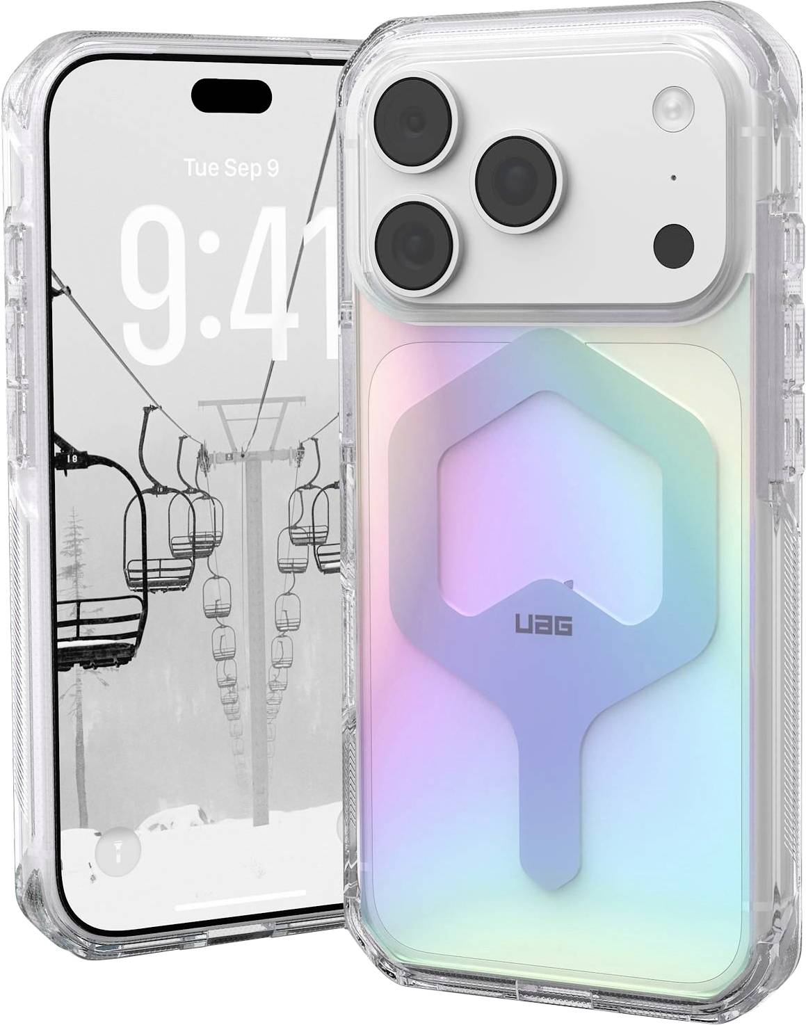 Due iPhone in custodie protettive trasparenti; il telefono anteriore mostra lo sfondo della seggiovia sciistica e le 9:41, il telefono posteriore ha tripla fotocamera e retro iridescente in stile UAG.