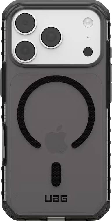 Custodia trasparente per telefono UAG con anello MagSafe e ampia protezione rialzata della fotocamera attorno a un iPhone con triplo obiettivo.