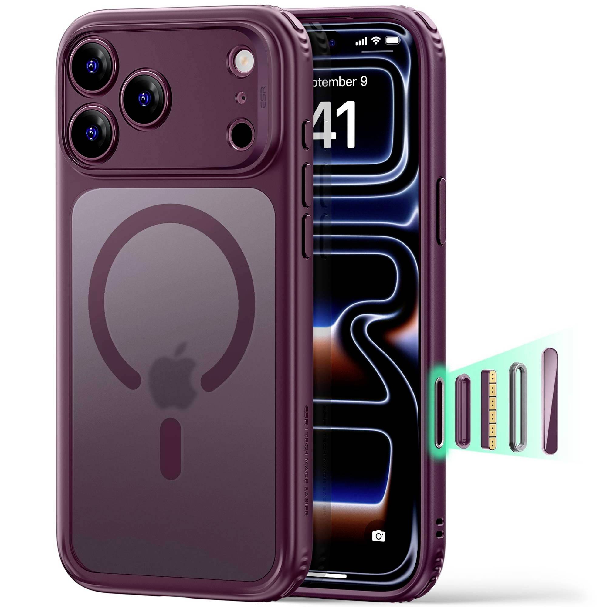 Due iPhone di colore viola mostrati da davanti e dietro, caratterizzati da una tripla fotocamera posteriore, anello MagSafe e grafica del vassoio della scheda eSIM che si estende dal lato.