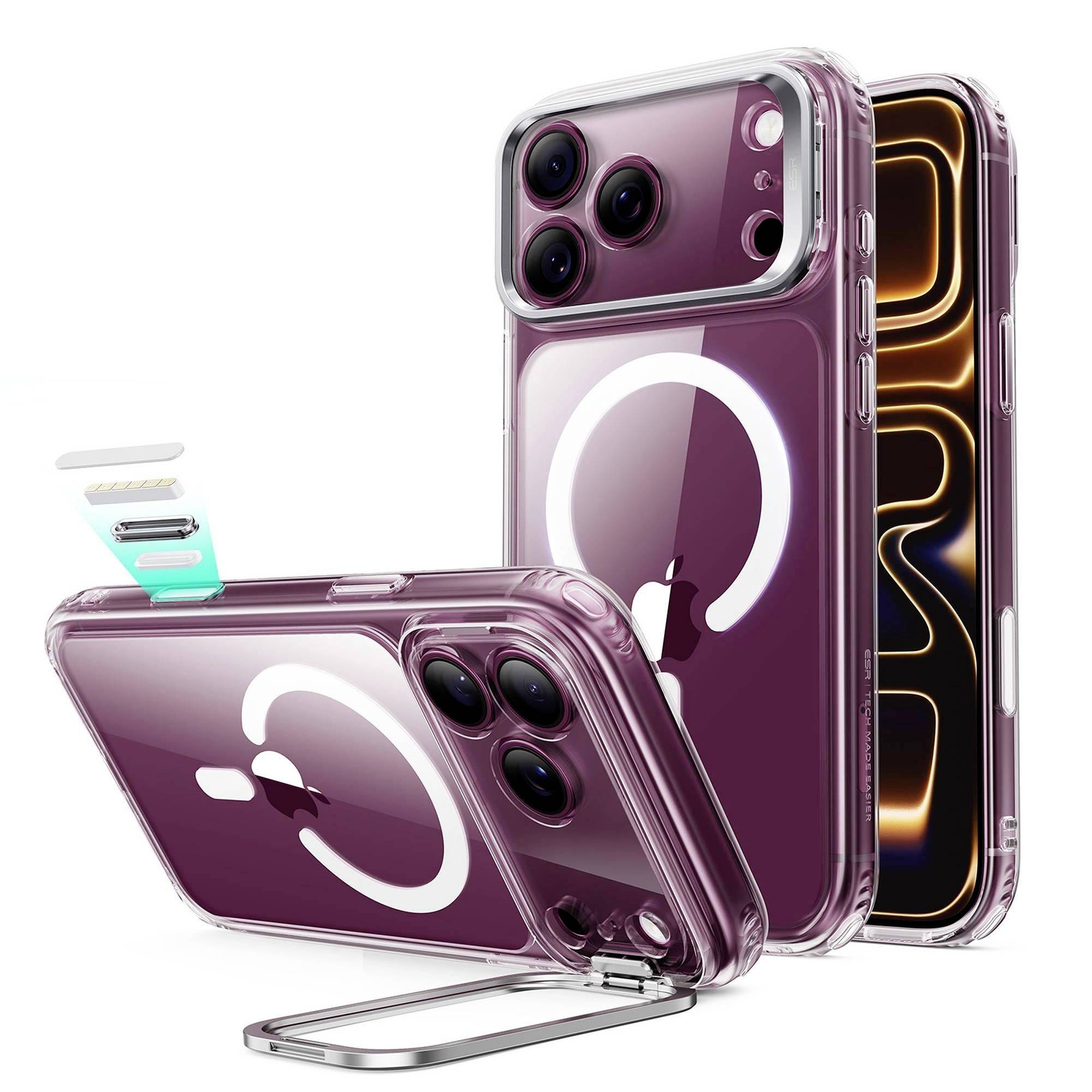 Tre vedute di una custodia per smartphone lucida di colore viola con bordo trasparente, ritagli per la fotocamera e un anello supporto integrato su sfondo bianco.