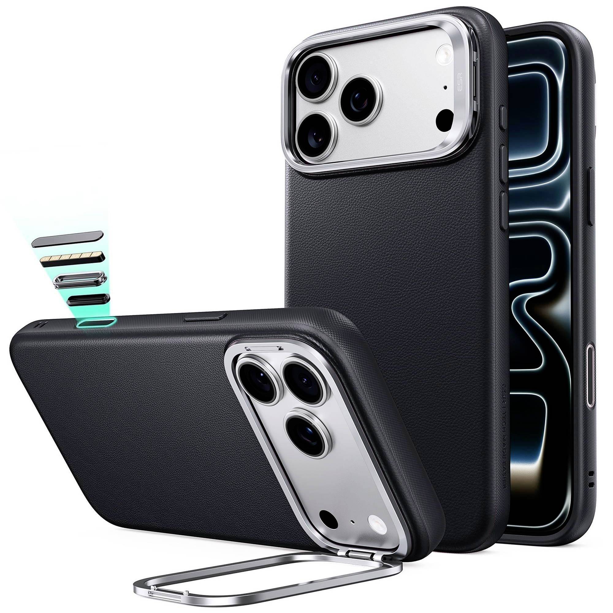 Custodia per iPhone nera con supporto integrato e protezione della fotocamera, mostrata in posizioni piegate e verticali con una grafica del copriobiettivo scorrevole.