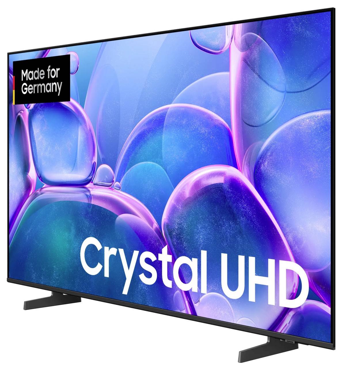 Televisore Samsung Crystal UHD con bolle astratte blu-viola colorate sullo schermo e un'etichetta "Made for Germany"