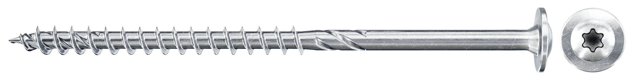 Una vite metallica con testa piatta e punta acuminata, mostrata orizzontalmente su sfondo bianco.