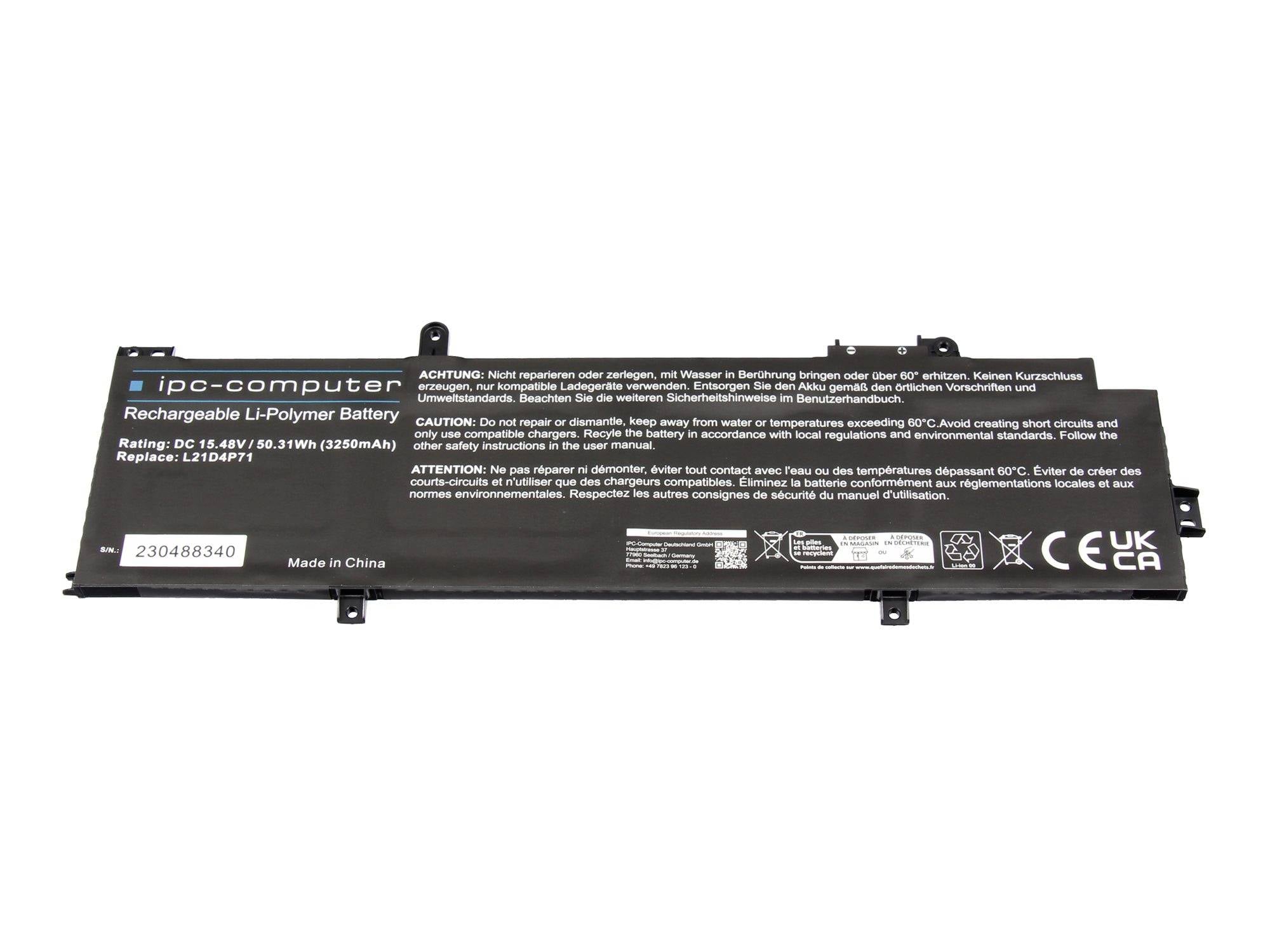 Pacco batteria ricaricabile Li-Polymer nero per laptop etichettato 'ipc-computer' con avvertimenti di sicurezza e informazioni sul modello su sfondo bianco.