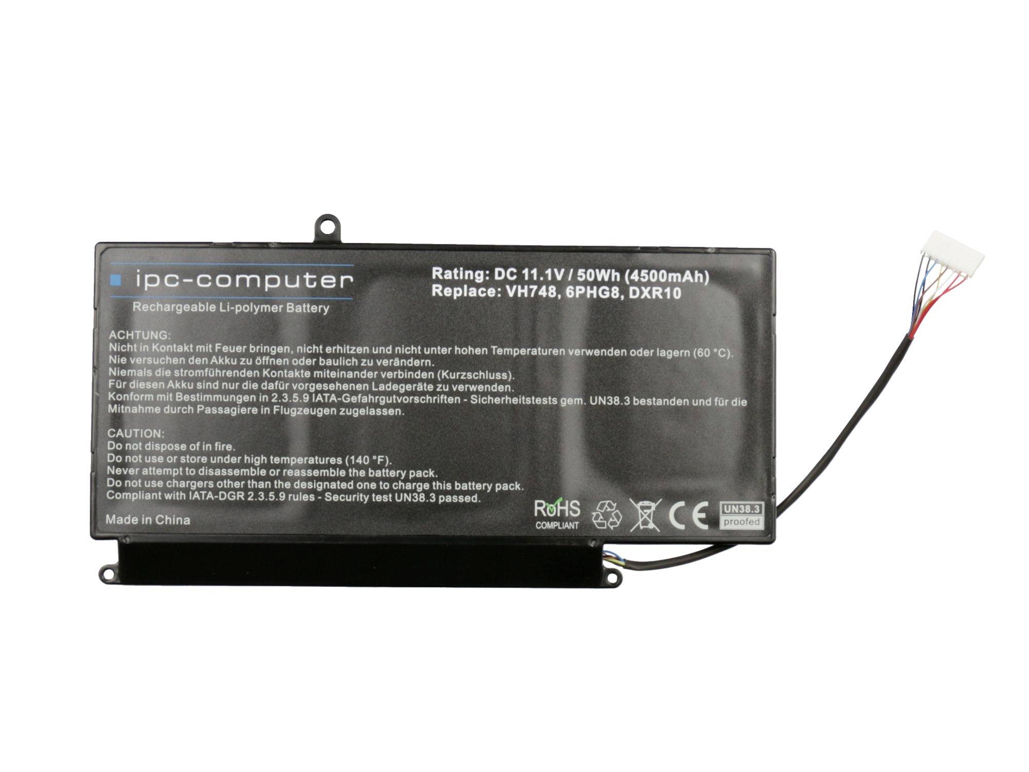 Pacco batteria al litio ricaricabile per computer IPC nero con cavo bianco collegato e connettore, etichettato 11.1V 50Wh sostituzione per YH48, 6PHG8, D2R10.