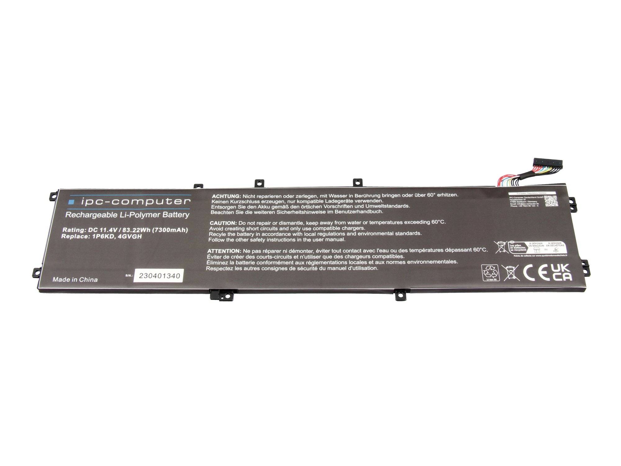 Pacco batteria ricaricabile nera per laptop etichettato ipc-computer, mostrato su sfondo bianco con cavo connettore sulla destra.