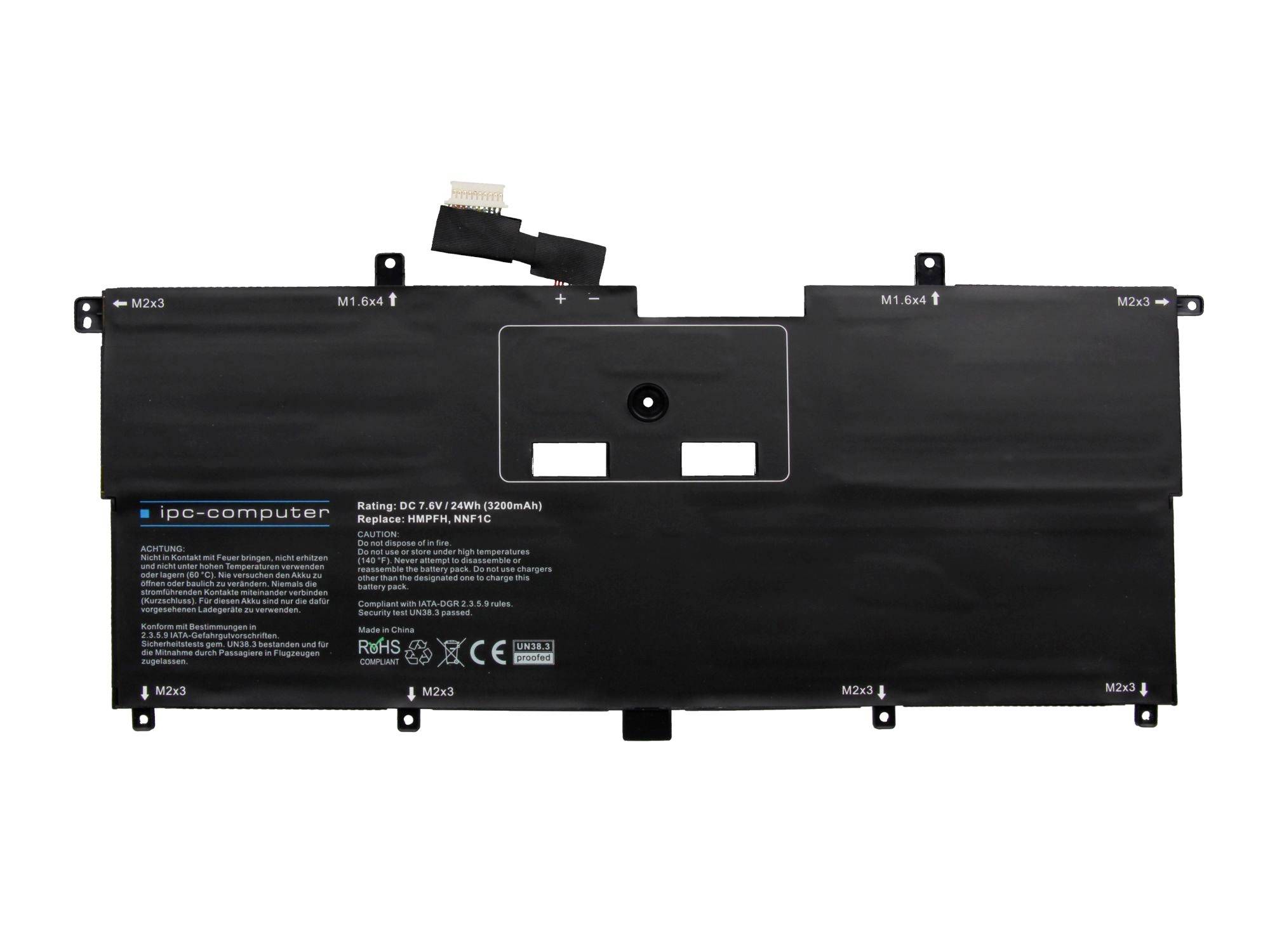 Batteria per laptop nera con connettore e linguette di montaggio, etichettata "ipc-computer" su sfondo bianco.