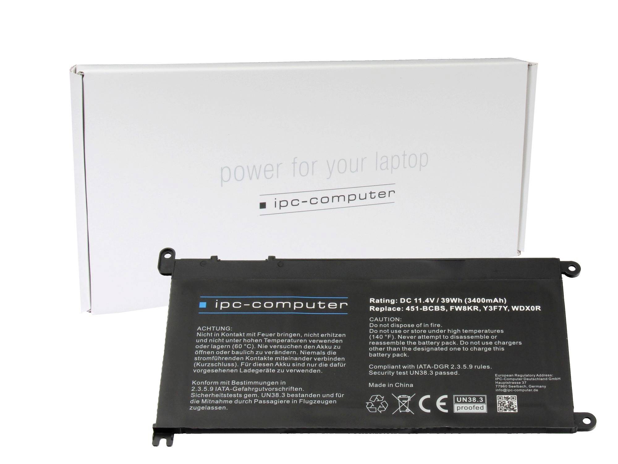 Kit di sostituzione batteria per laptop con pacco batteria IPC-Computer nero davanti a una scatola bianca etichettata 'alimentazione per il tuo laptop'.