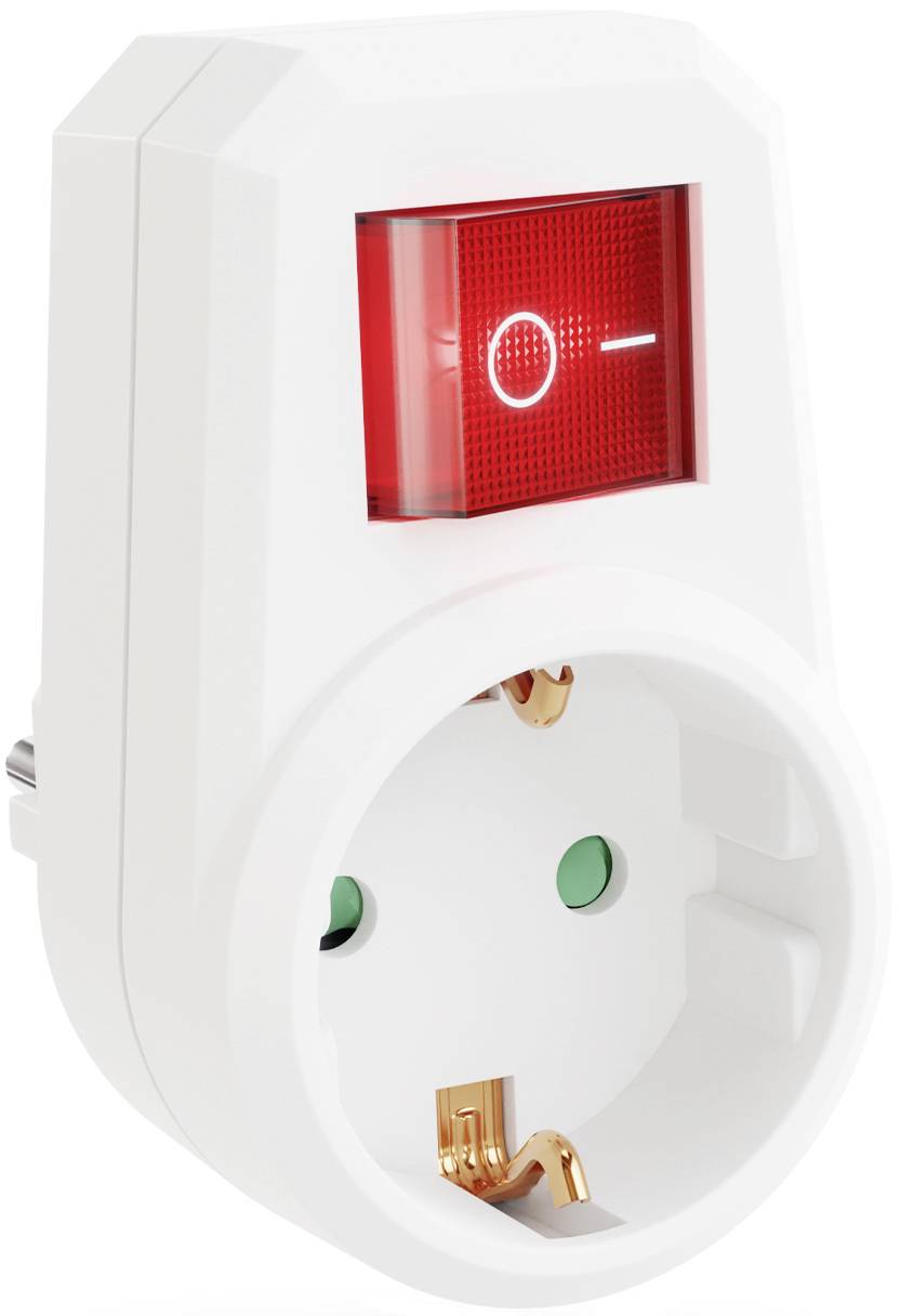 Adattatore per presa elettrica bianco con interruttore a bilanciere rosso on/off sopra una presa di tipo europeo